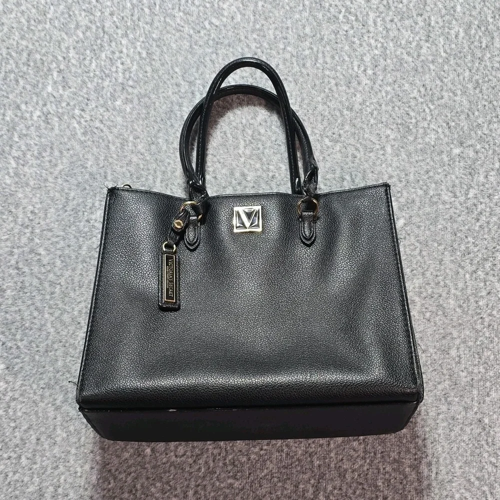 Victoria's Secret Black Medium Tote Pebbled, Double Handles, Logo, Charm, Gold